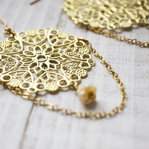 Gold Filigree Beaded Earrings - Picture 2 of 4